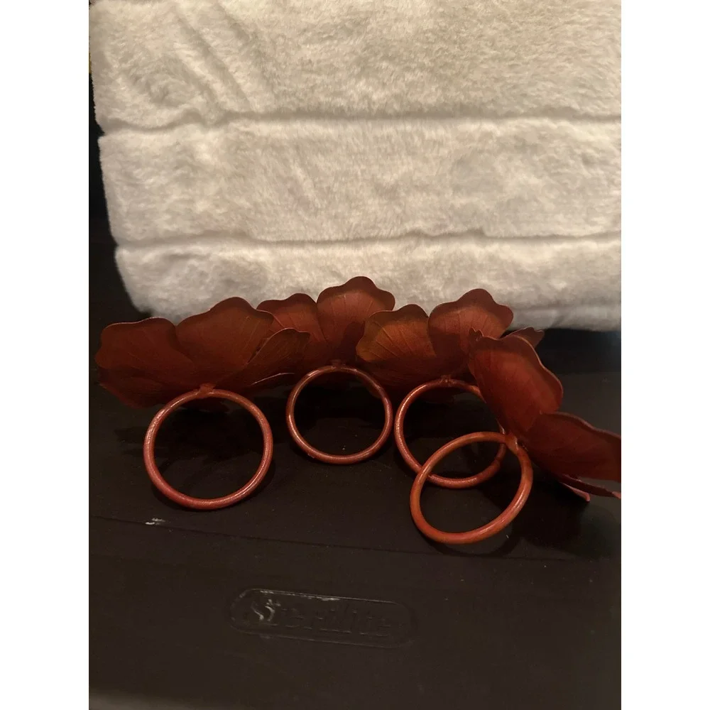Vintage Burnt Orange Metal Flower Napkin Rings Set of 4 Autumn Floral Decor